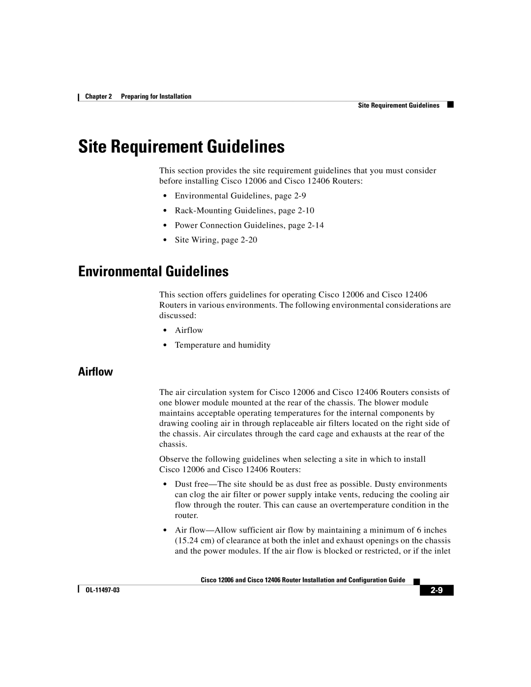 Cisco Systems Cisco 12006, Cisco 12406 manual Site Requirement Guidelines, Environmental Guidelines, Airflow 