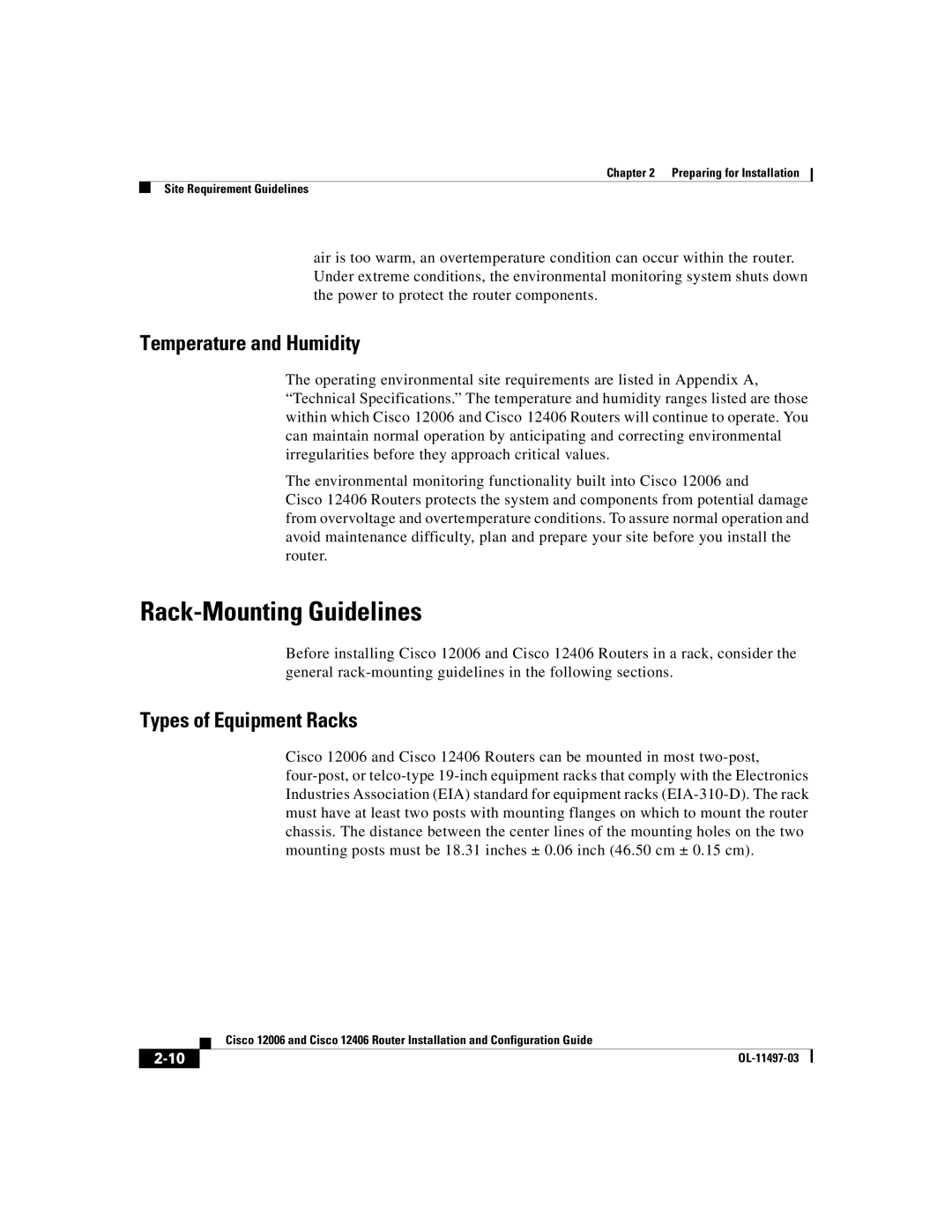 Cisco Systems Cisco 12406, Cisco 12006 manual Rack-Mounting Guidelines, Temperature and Humidity, Types of Equipment Racks 