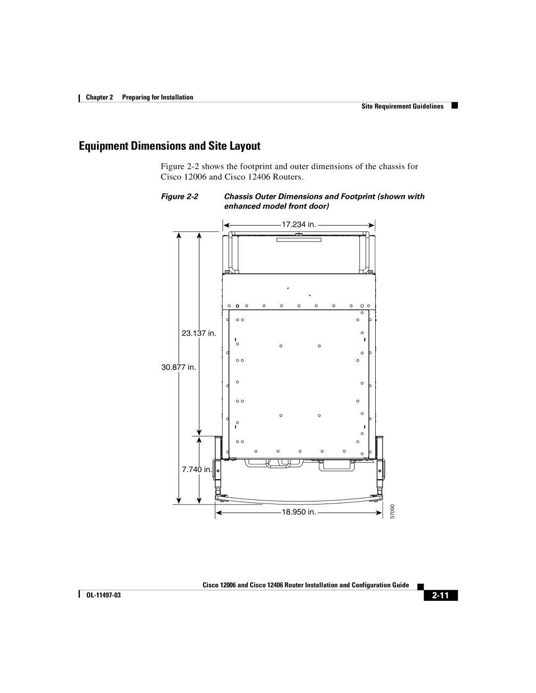 Cisco Systems Cisco 12006, Cisco 12406 manual Equipment Dimensions and Site Layout, 17.234 23.137 30.877 740 18.950 