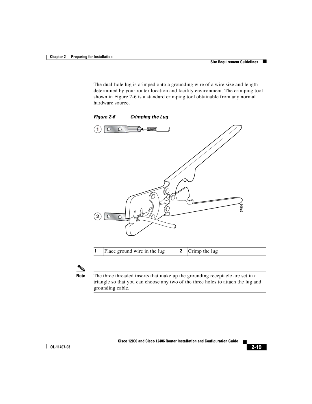 Cisco Systems Cisco 12006, Cisco 12406 manual Place ground wire in the lug Crimp the lug, Crimping the Lug 