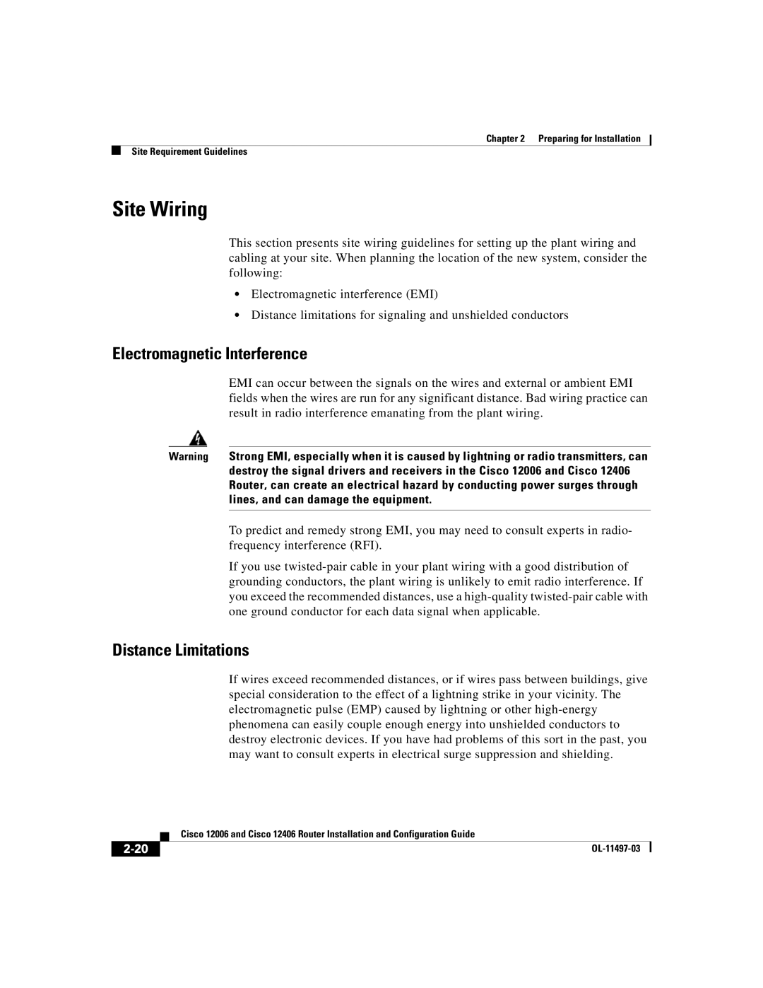 Cisco Systems Cisco 12406, Cisco 12006 manual Site Wiring, Electromagnetic Interference, Distance Limitations 