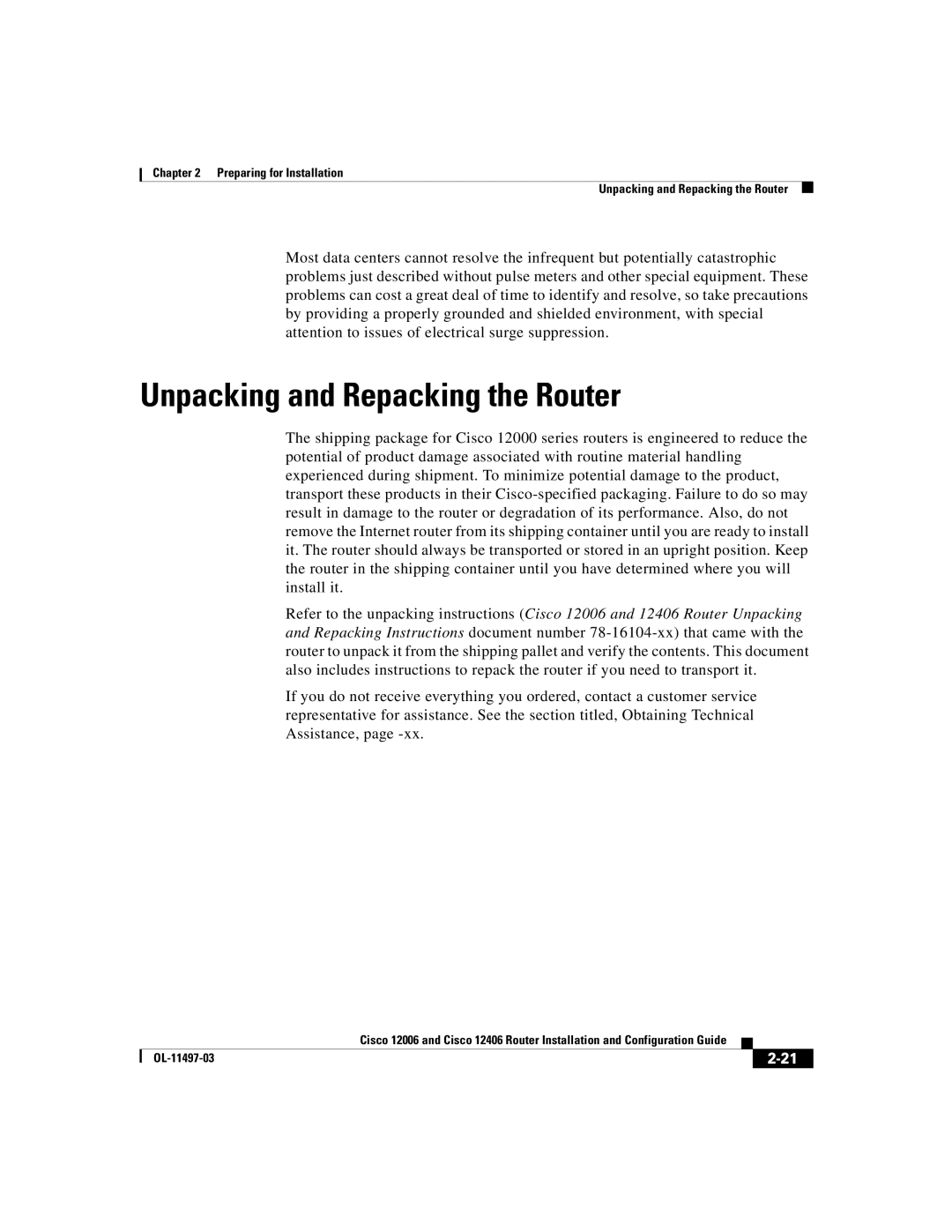 Cisco Systems Cisco 12006, Cisco 12406 manual Unpacking and Repacking the Router 