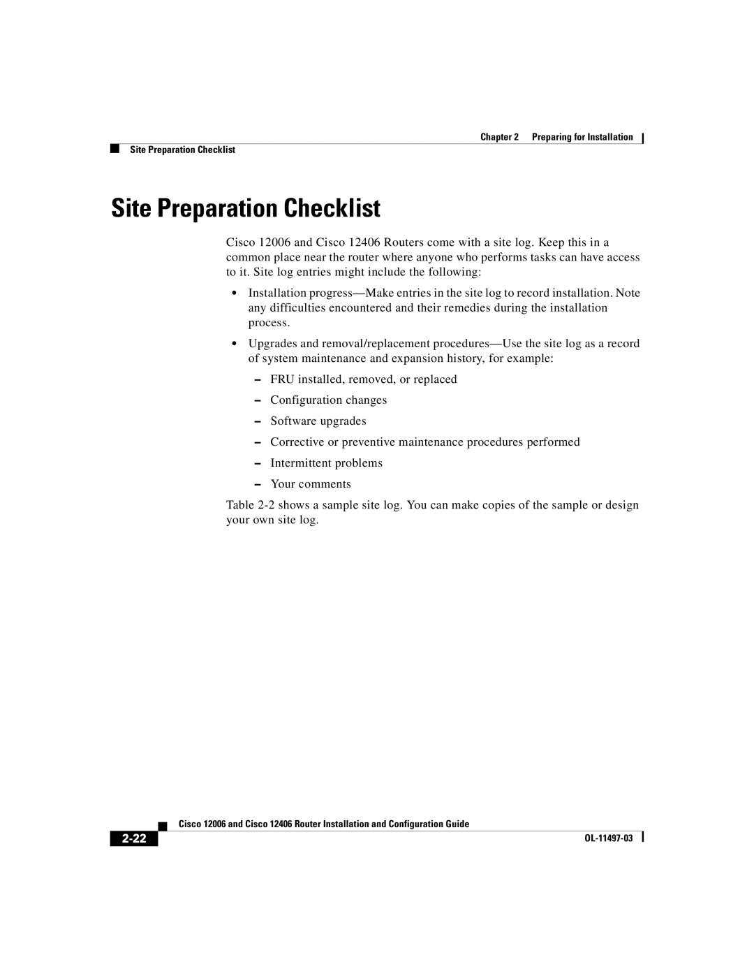 Cisco Systems Cisco 12406, Cisco 12006 manual Site Preparation Checklist 