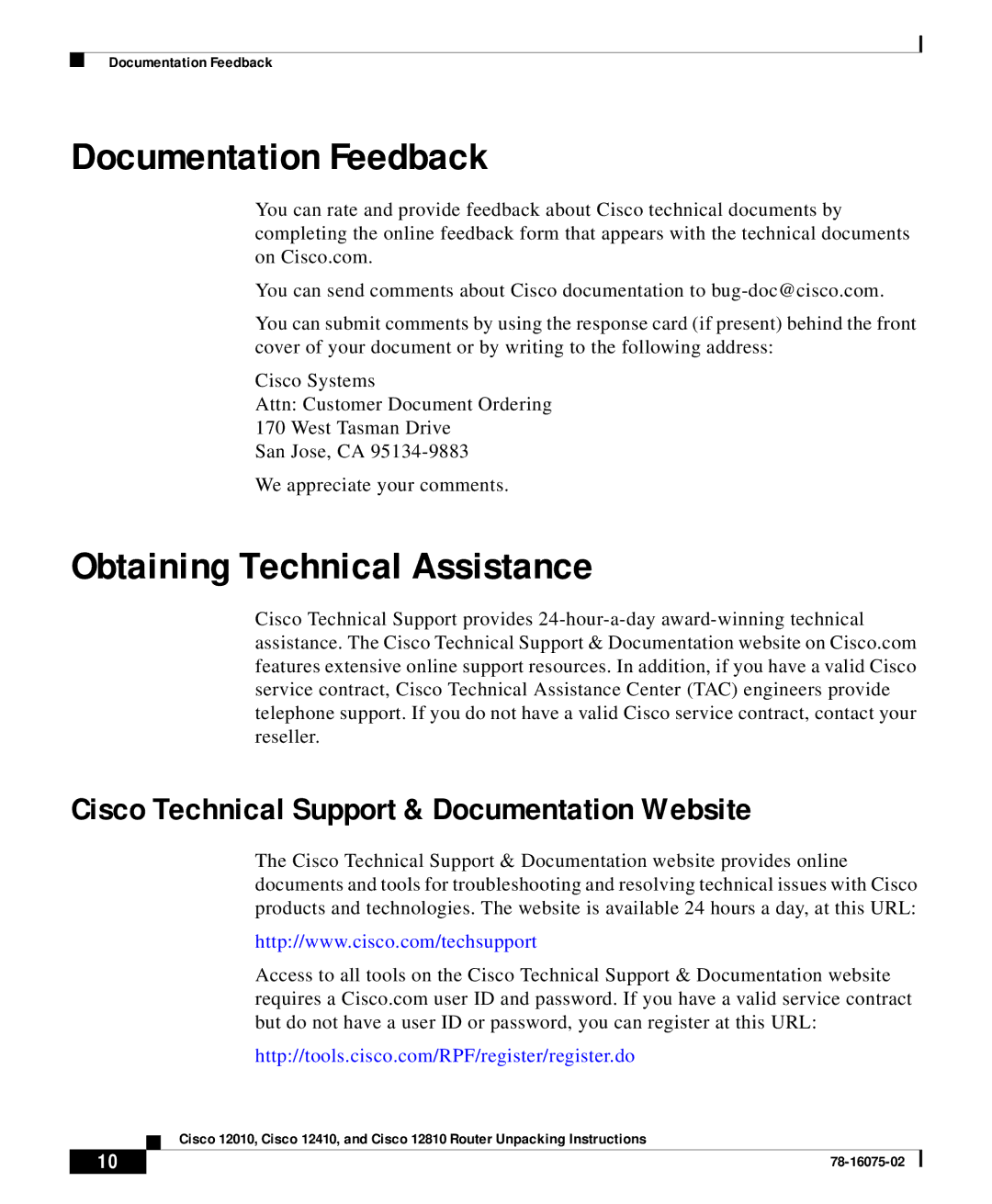 Cisco Systems Cisco 12010, Cisco 12810, Cisco 12410 manual Documentation Feedback, Obtaining Technical Assistance 