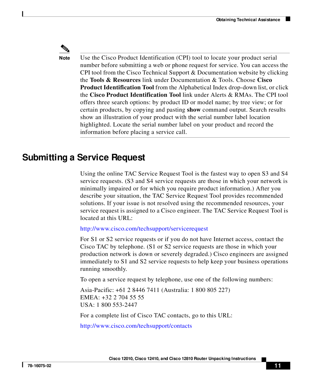 Cisco Systems Cisco 12410, Cisco 12810, Cisco 12010 manual Submitting a Service Request 