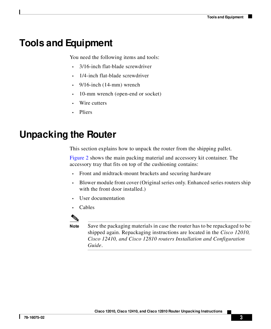 Cisco Systems Cisco 12810, Cisco 12010, Cisco 12410 manual Tools and Equipment, Unpacking the Router 