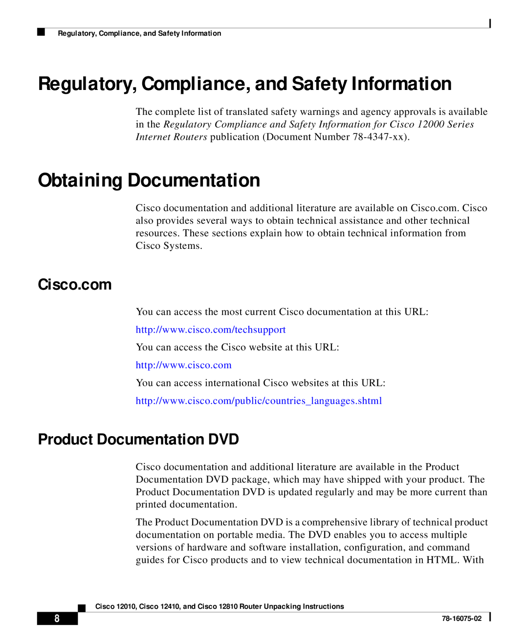 Cisco Systems Cisco 12410, Cisco 12810, Cisco 12010 manual Obtaining Documentation, Cisco.com, Product Documentation DVD 