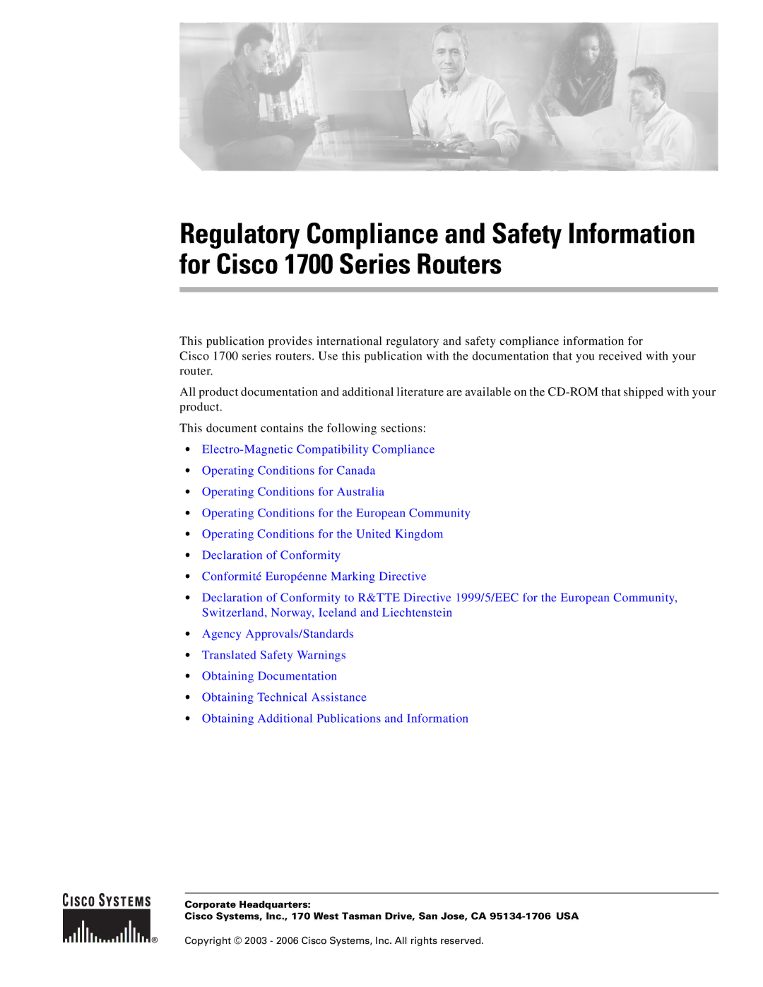 Cisco Systems Cisco 1700 manual Copyright 2003 2006 Cisco Systems, Inc. All rights reserved 