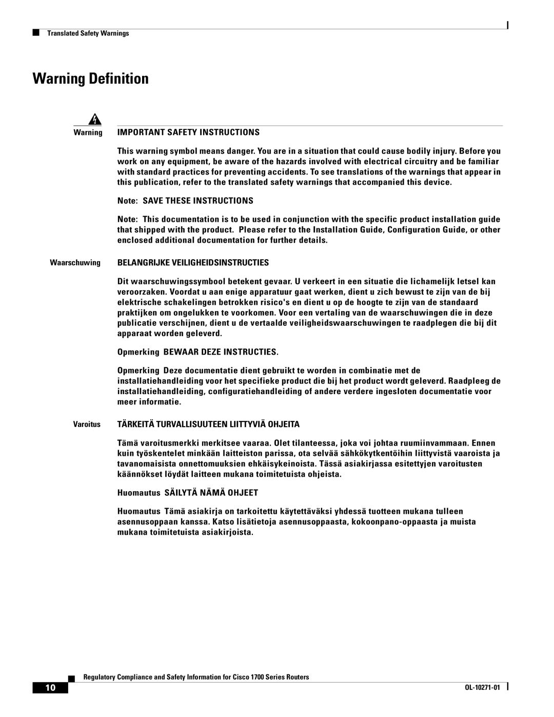 Cisco Systems Cisco 1700 manual Waarschuwing Belangrijke Veiligheidsinstructies 