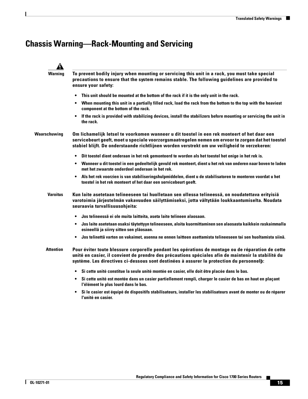 Cisco Systems Cisco 1700 manual Chassis Warning-Rack-Mounting and Servicing 