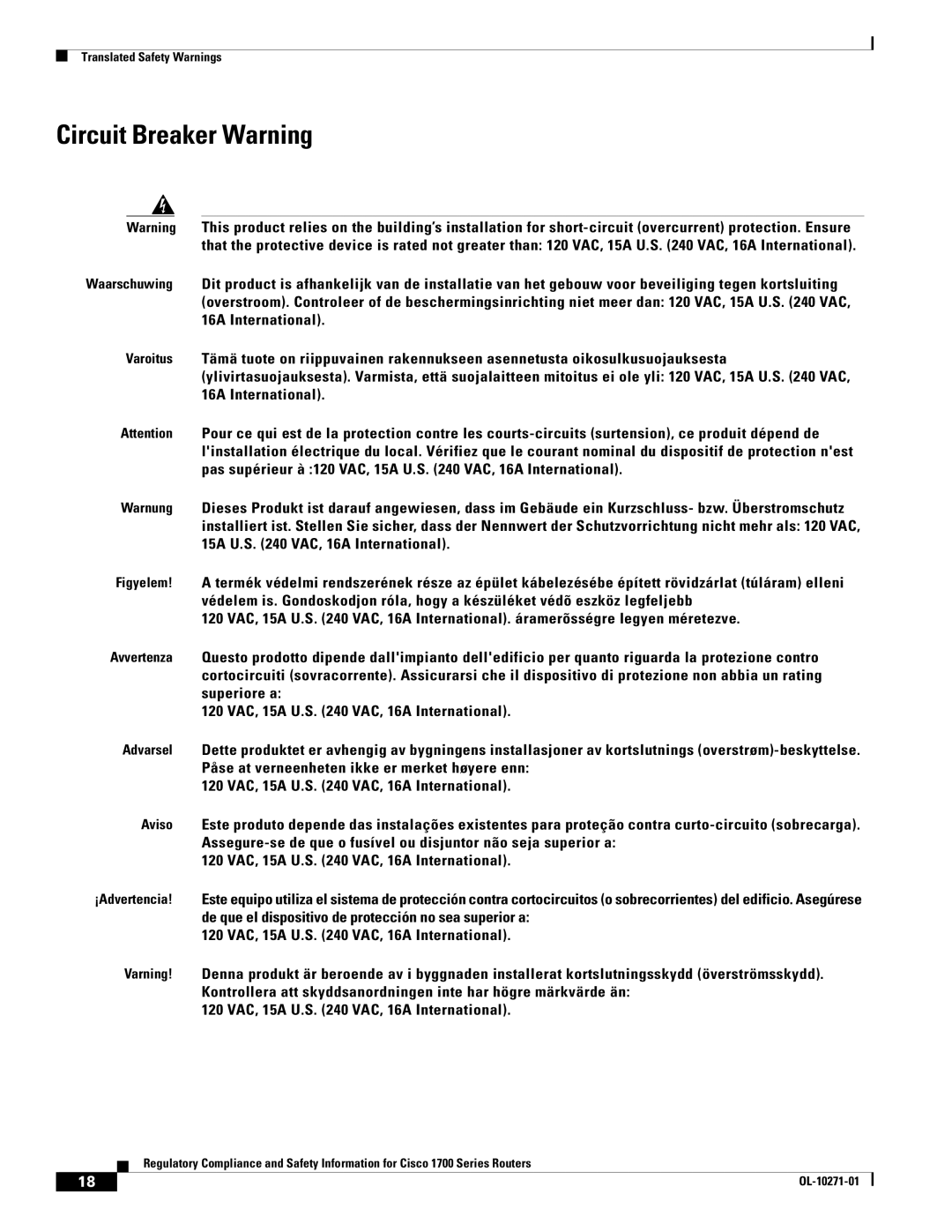 Cisco Systems Cisco 1700 manual Circuit Breaker Warning 