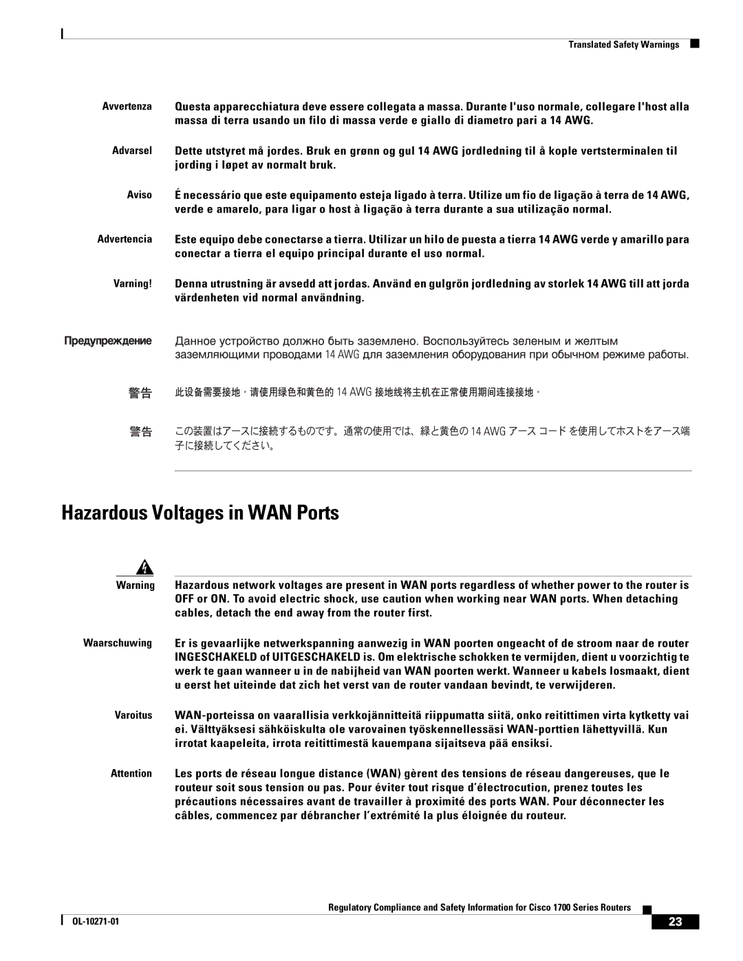 Cisco Systems Cisco 1700 manual Hazardous Voltages in WAN Ports 