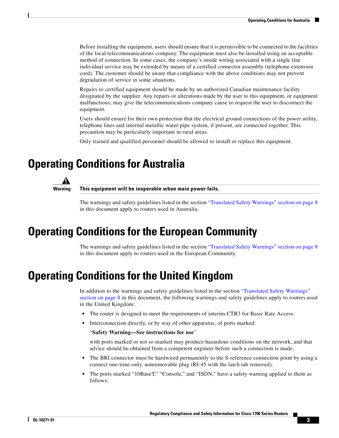 Cisco Systems Cisco 1700 manual Operating Conditions for Australia 