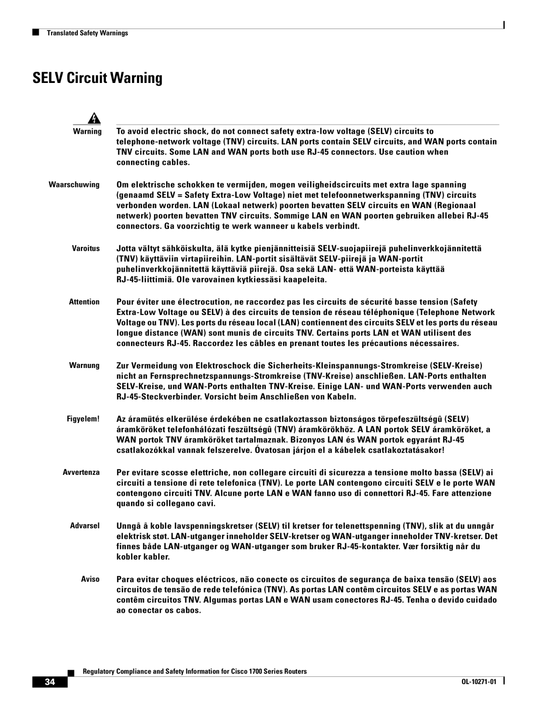 Cisco Systems Cisco 1700 manual Selv Circuit Warning 