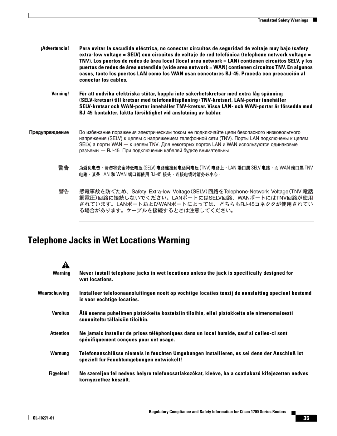 Cisco Systems Cisco 1700 manual Telephone Jacks in Wet Locations Warning 