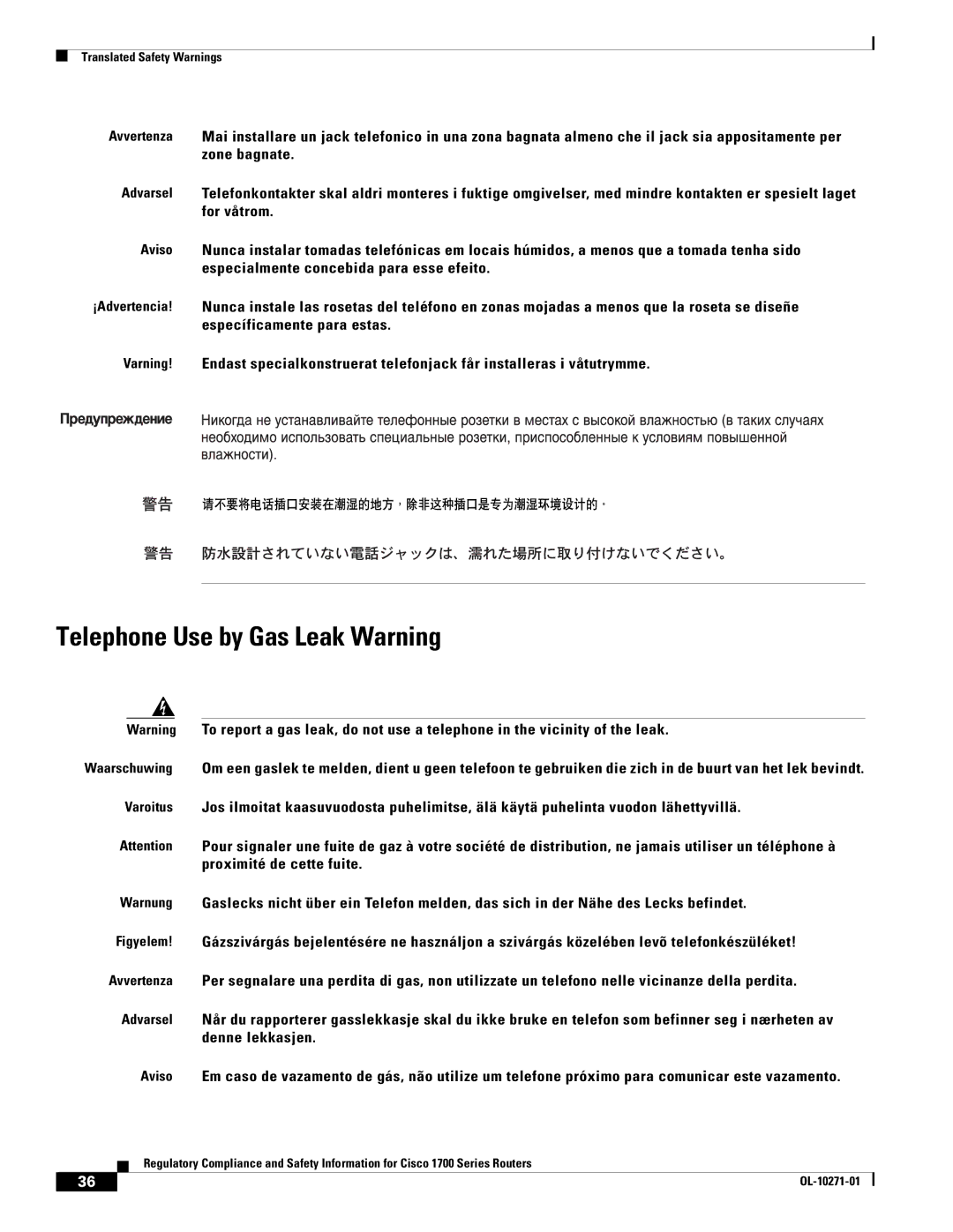 Cisco Systems Cisco 1700 manual Telephone Use by Gas Leak Warning 