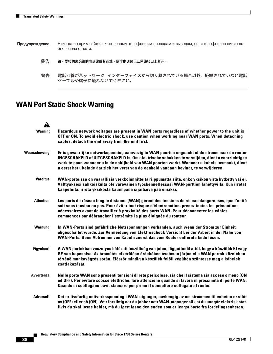 Cisco Systems Cisco 1700 manual WAN Port Static Shock Warning 