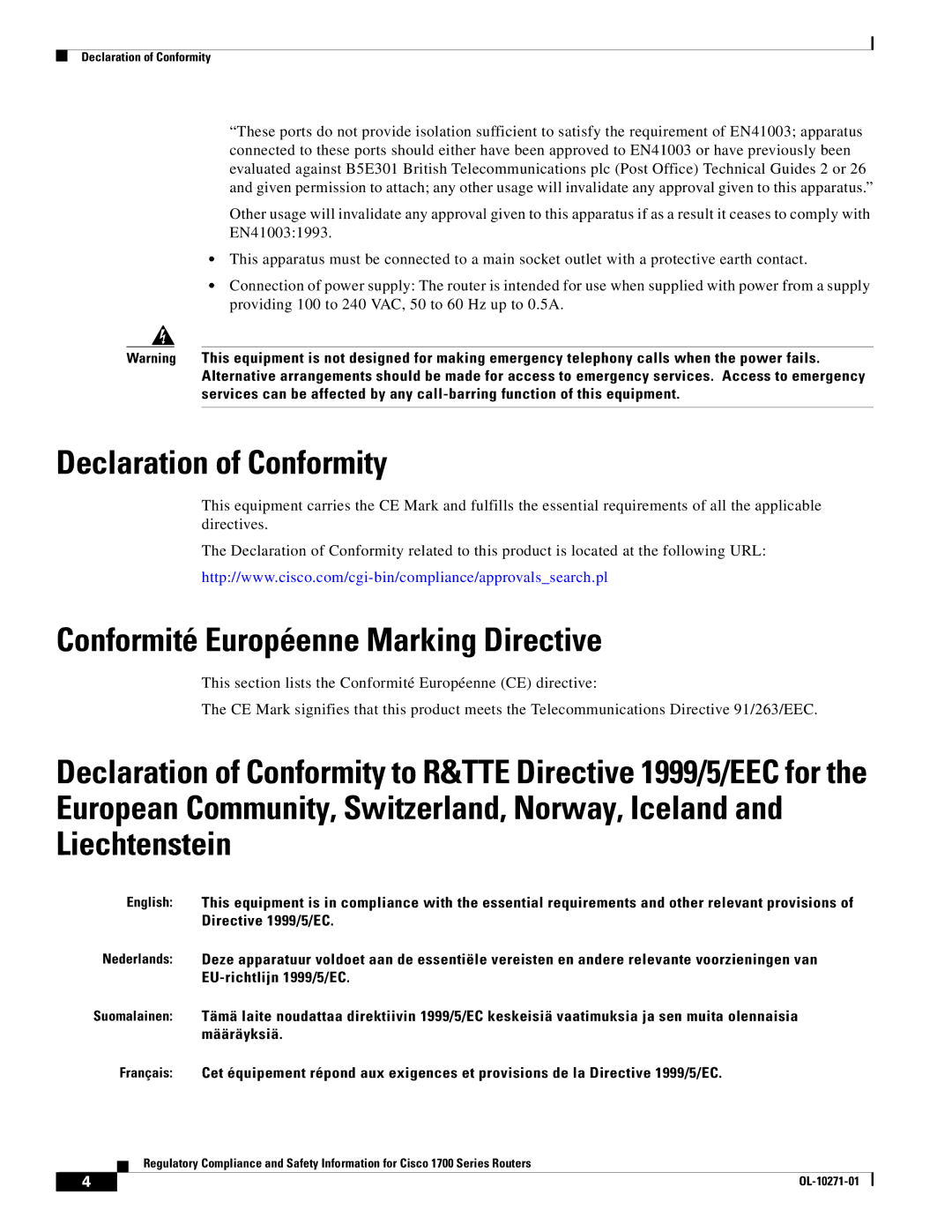 Cisco Systems Cisco 1700 manual Declaration of Conformity, Conformité Européenne Marking Directive 