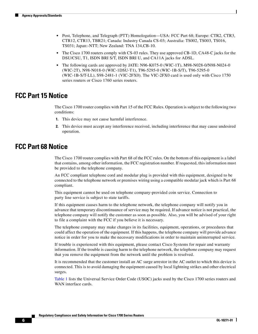 Cisco Systems Cisco 1700 manual FCC Part 15 Notice, FCC Part 68 Notice 