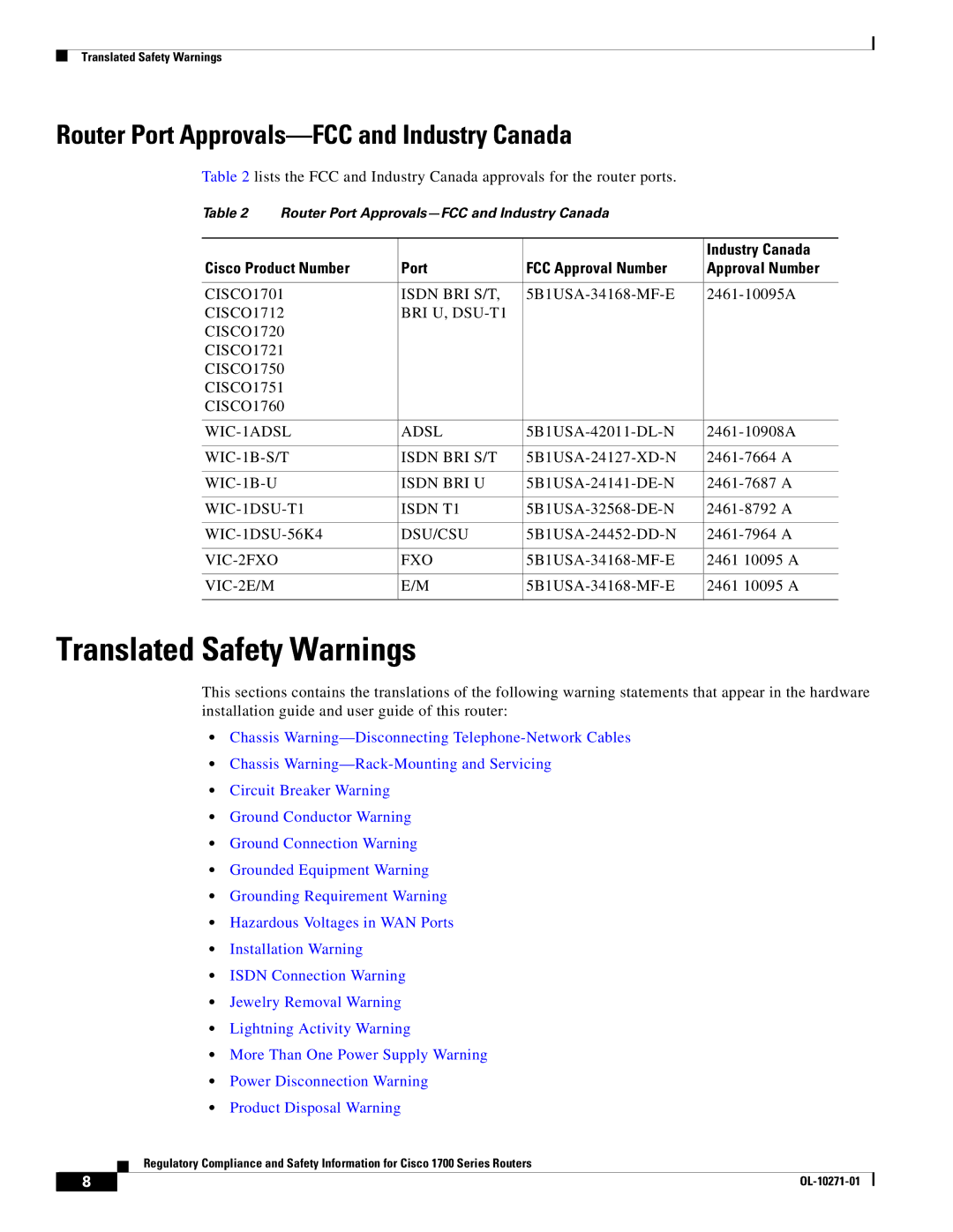 Cisco Systems Cisco 1700 manual Translated Safety Warnings, Router Port Approvals-FCC and Industry Canada 