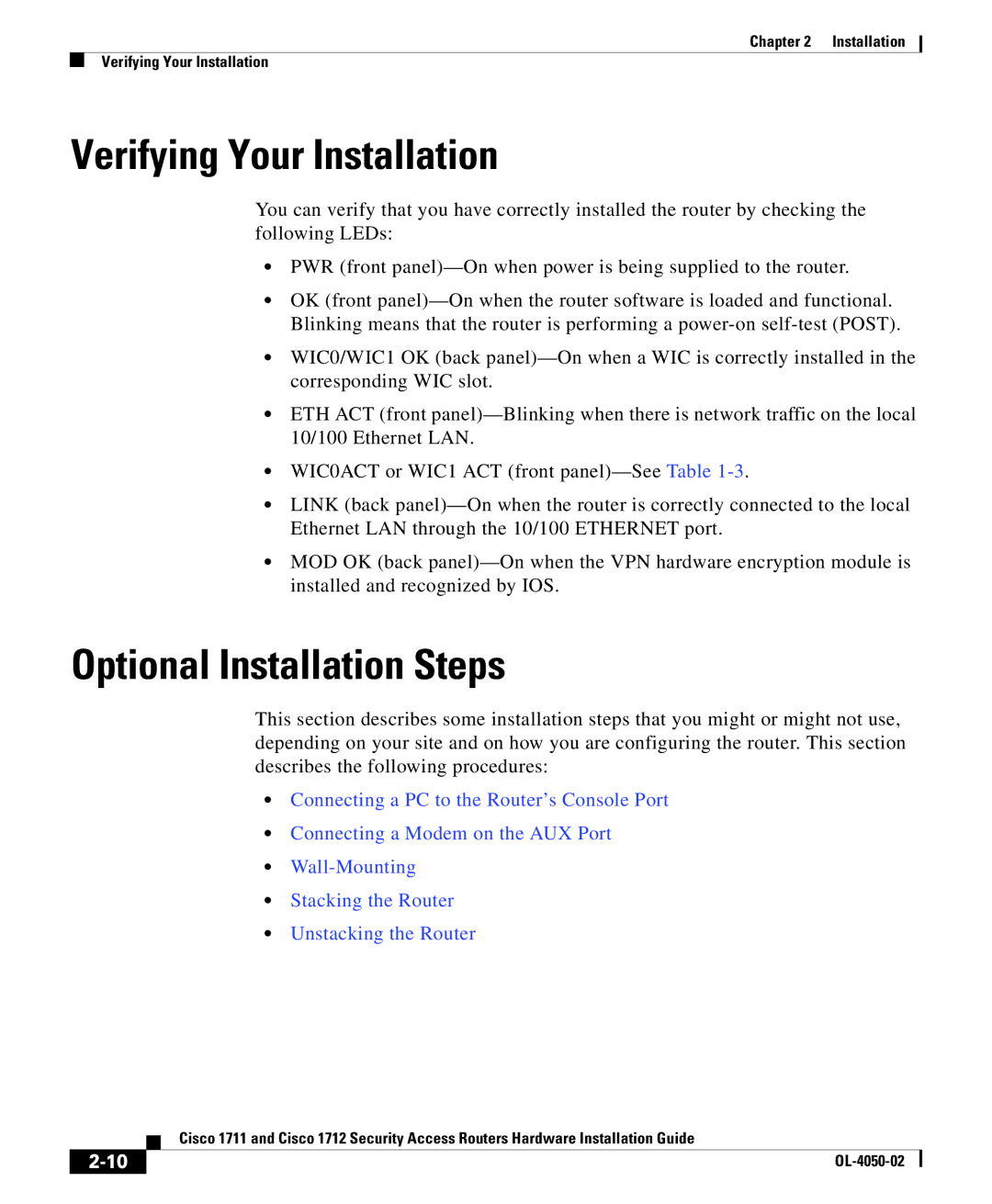 Cisco Systems Cisco 1712, Cisco 1711 manual Verifying Your Installation, Optional Installation Steps 