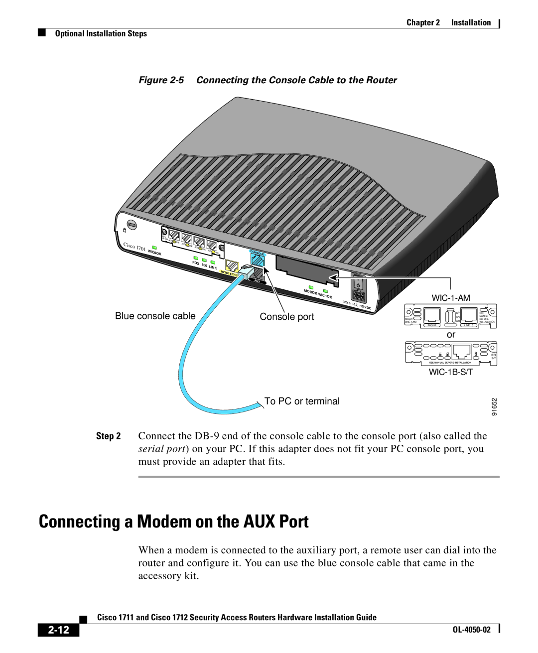 Cisco Systems Cisco 1712 manual Connecting a Modem on the AUX Port, Blue console cable, Console port, To PC or terminal 