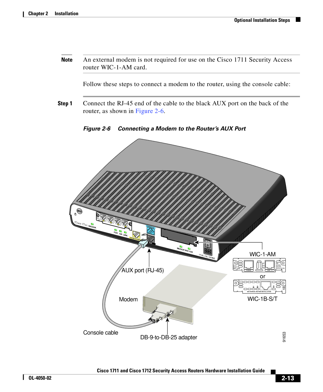 Cisco Systems Cisco 1711, Cisco 1712 manual AUX port RJ-45 Modem, Console cable DB-9-to-DB-25 adapter 