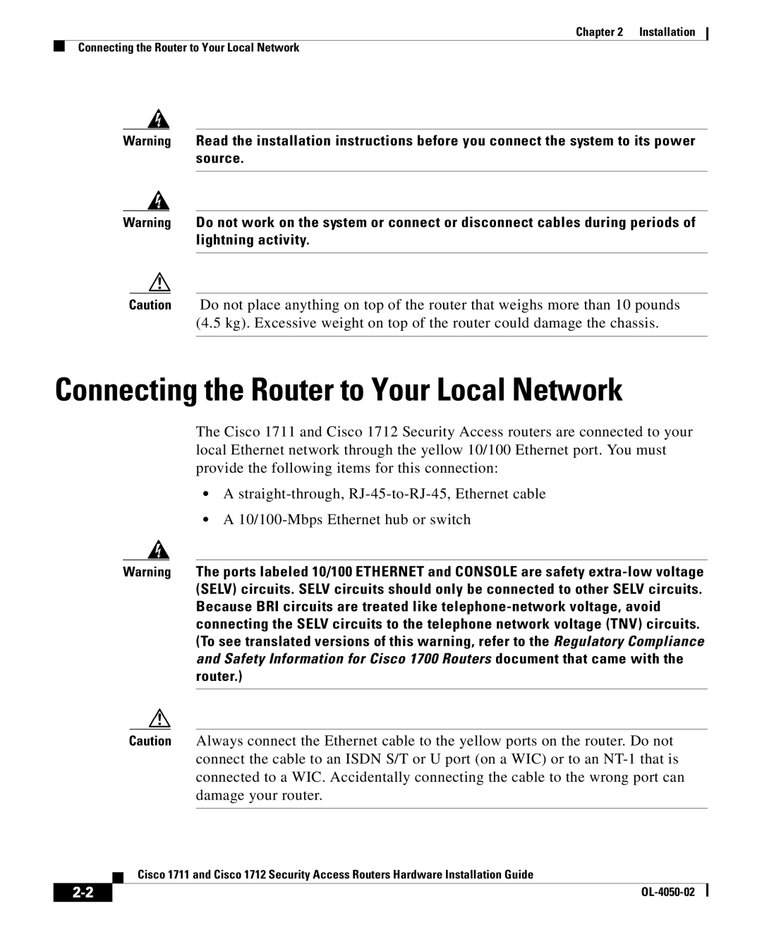 Cisco Systems Cisco 1712, Cisco 1711 manual Connecting the Router to Your Local Network 