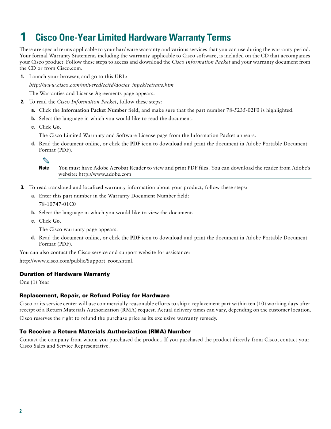 Cisco Systems Cisco 1802, Cisco 1801, Cisco 1803 quick start Cisco One-Year Limited Hardware Warranty Terms 