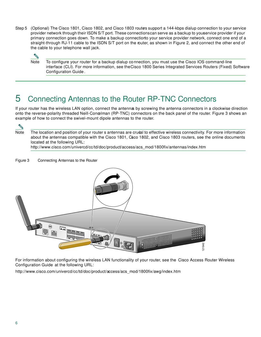 Cisco Systems Cisco 1801, Cisco 1803, Cisco 1802 quick start Connecting Antennas to the Router RP-TNC Connectors 