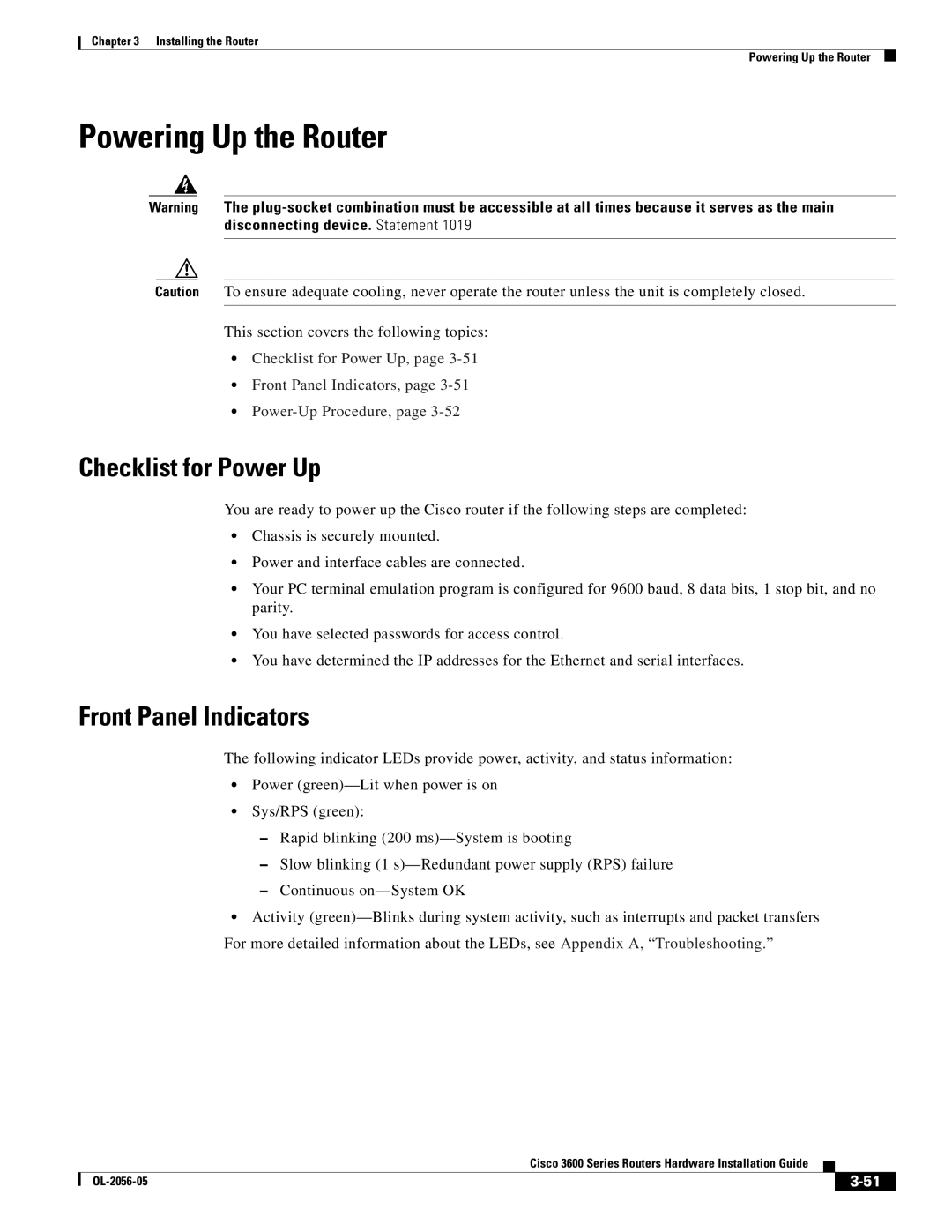 Cisco Systems Cisco 3600 manual Powering Up the Router, Checklist for Power Up, Front Panel Indicators 