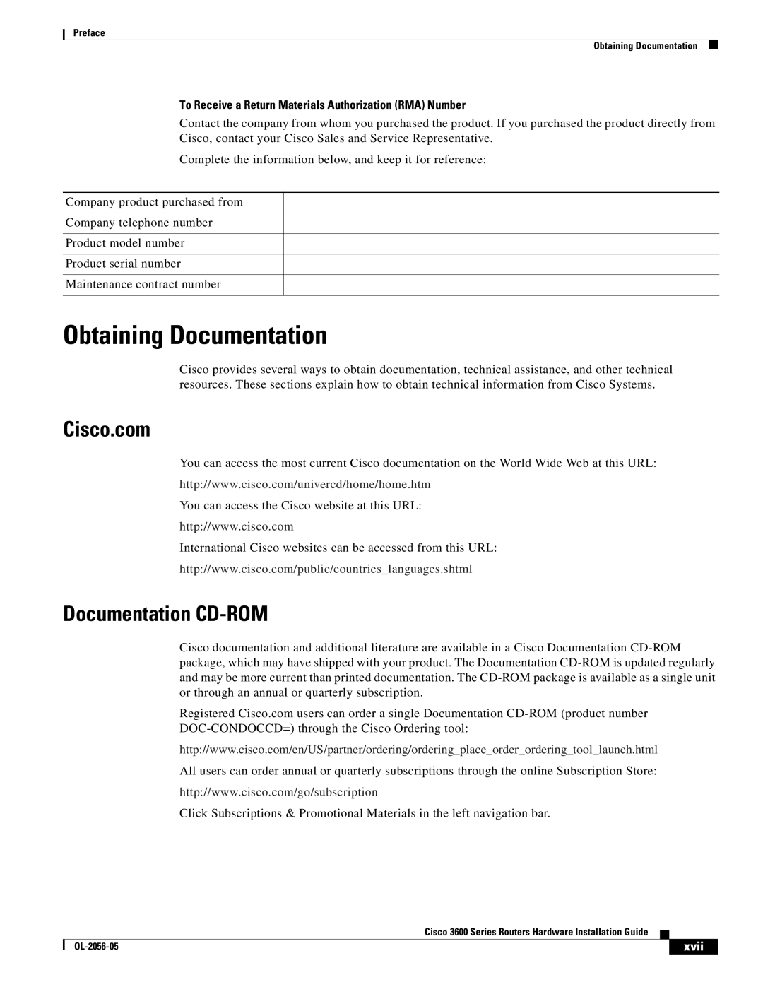 Cisco Systems Cisco 3600 manual Obtaining Documentation, Cisco.com, Documentation CD-ROM 