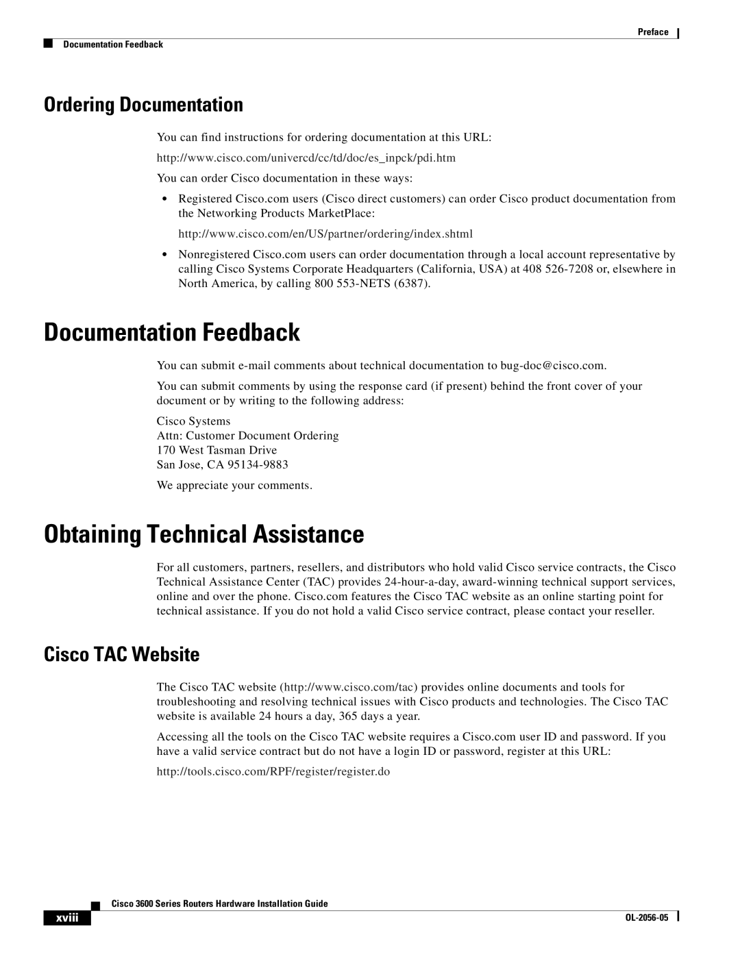 Cisco Systems Cisco 3600 Documentation Feedback, Obtaining Technical Assistance, Ordering Documentation, Cisco TAC Website 