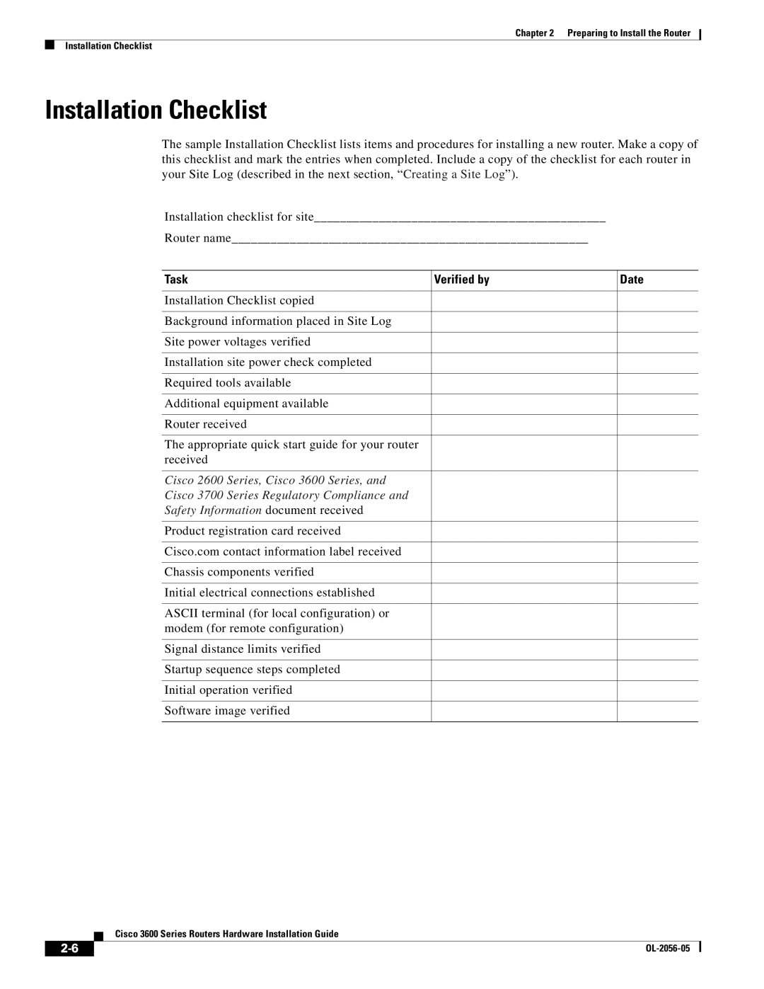 Cisco Systems Cisco 3600 manual Installation Checklist, Task Verified by Date 