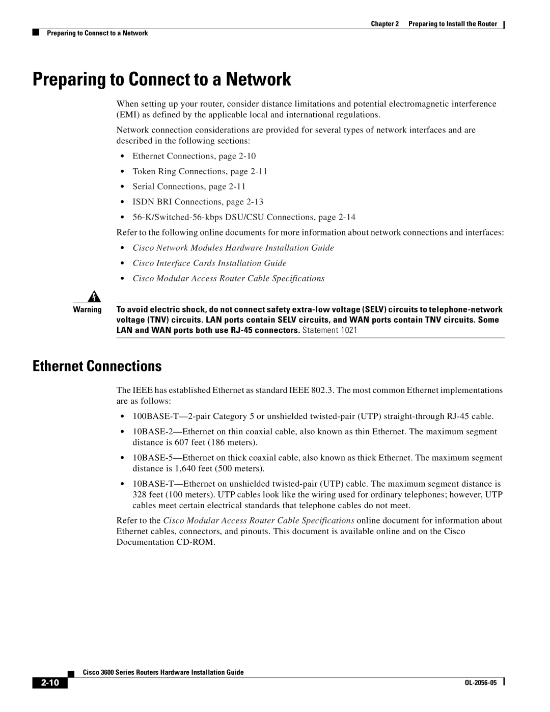 Cisco Systems Cisco 3600 manual Preparing to Connect to a Network, Ethernet Connections 