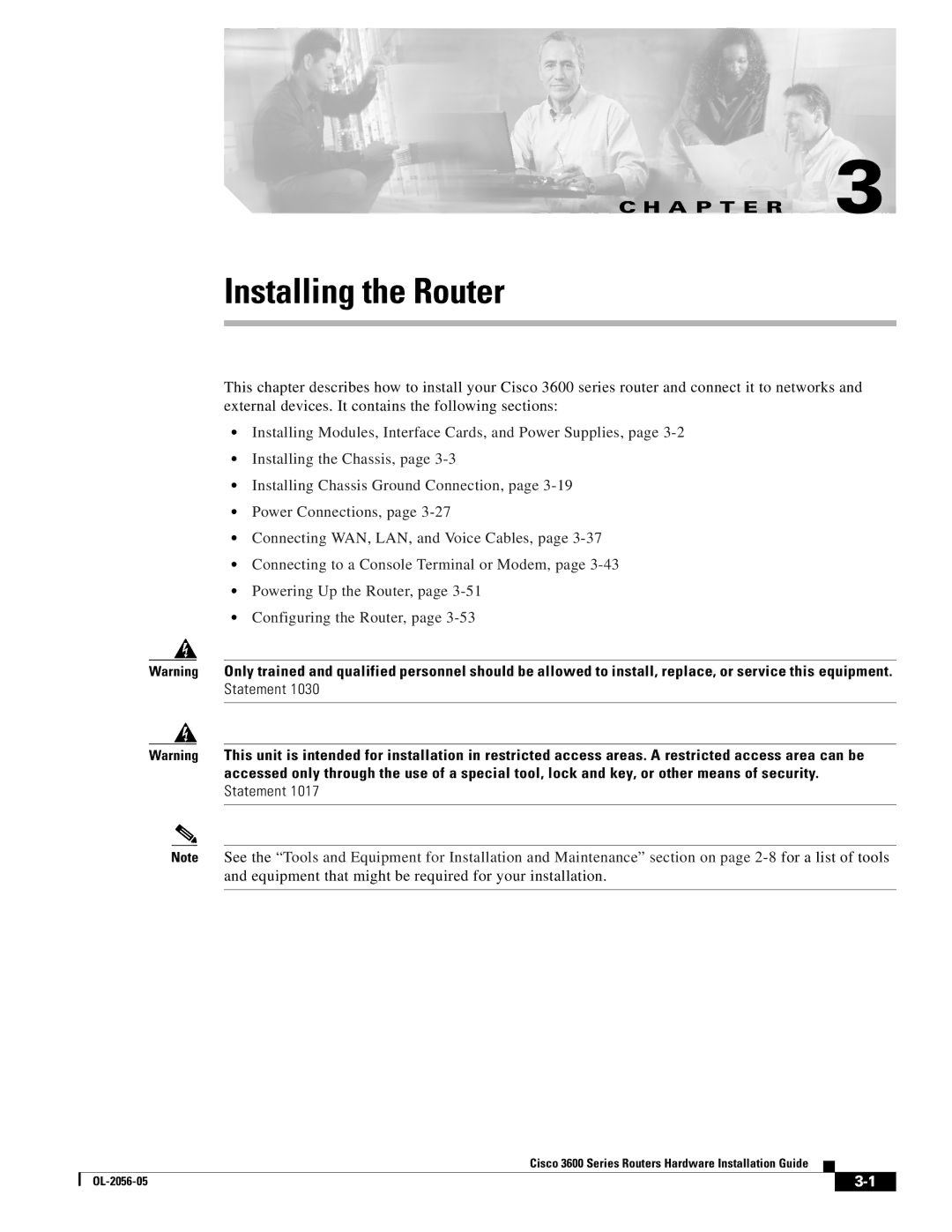 Cisco Systems Cisco 3600 manual Installing the Router 