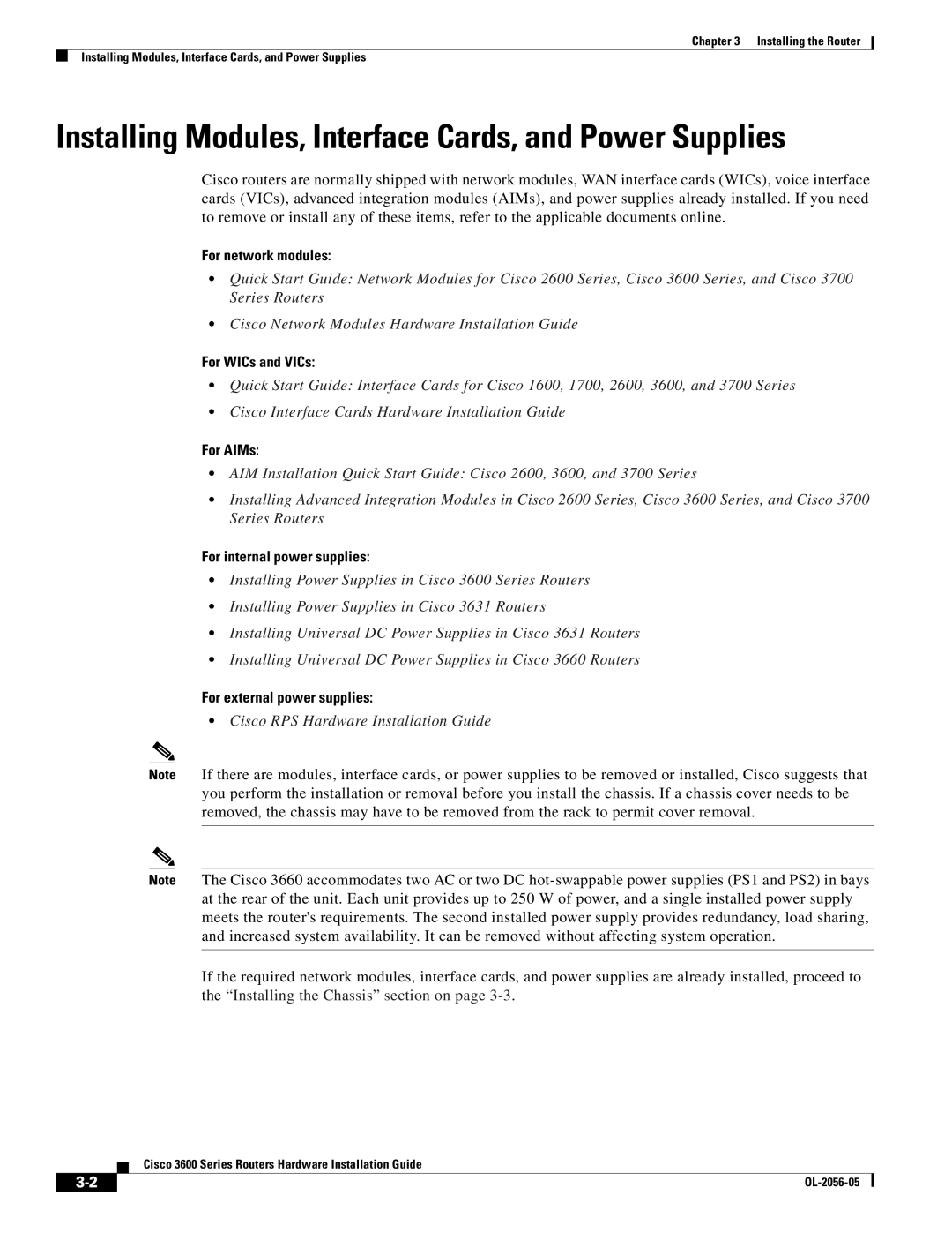 Cisco Systems Cisco 3600 manual Installing Modules, Interface Cards, and Power Supplies 