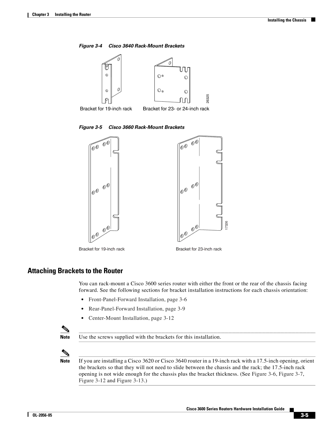 Cisco Systems Cisco 3600 manual Attaching Brackets to the Router, Cisco 3640 Rack-Mount Brackets 