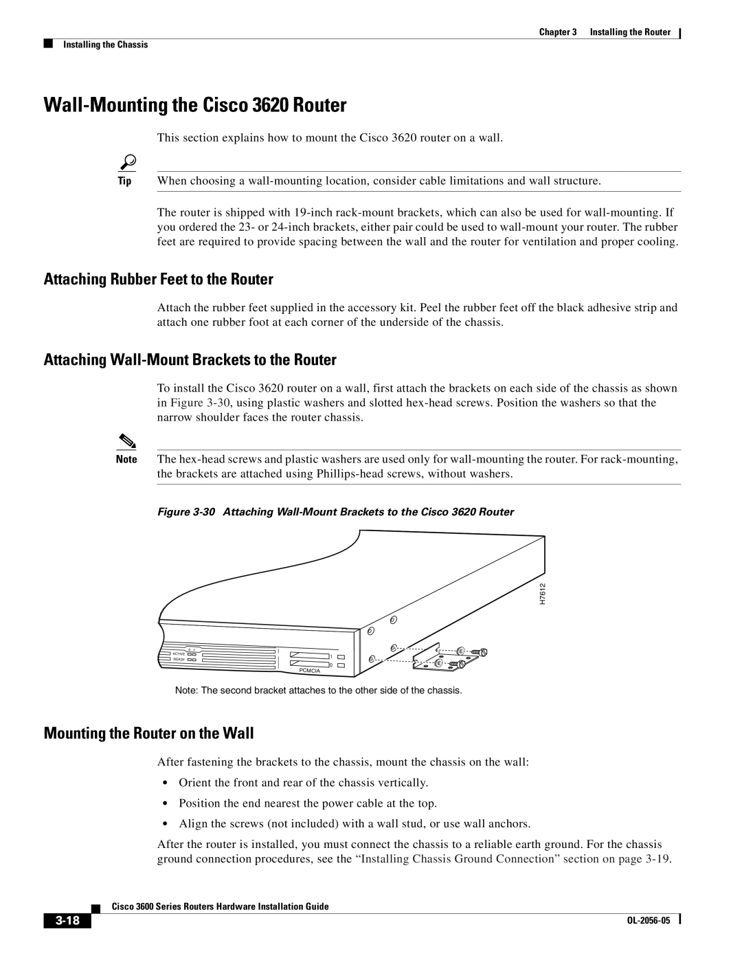 Cisco Systems Cisco 3600 manual Wall-Mounting the Cisco 3620 Router, Attaching Rubber Feet to the Router 