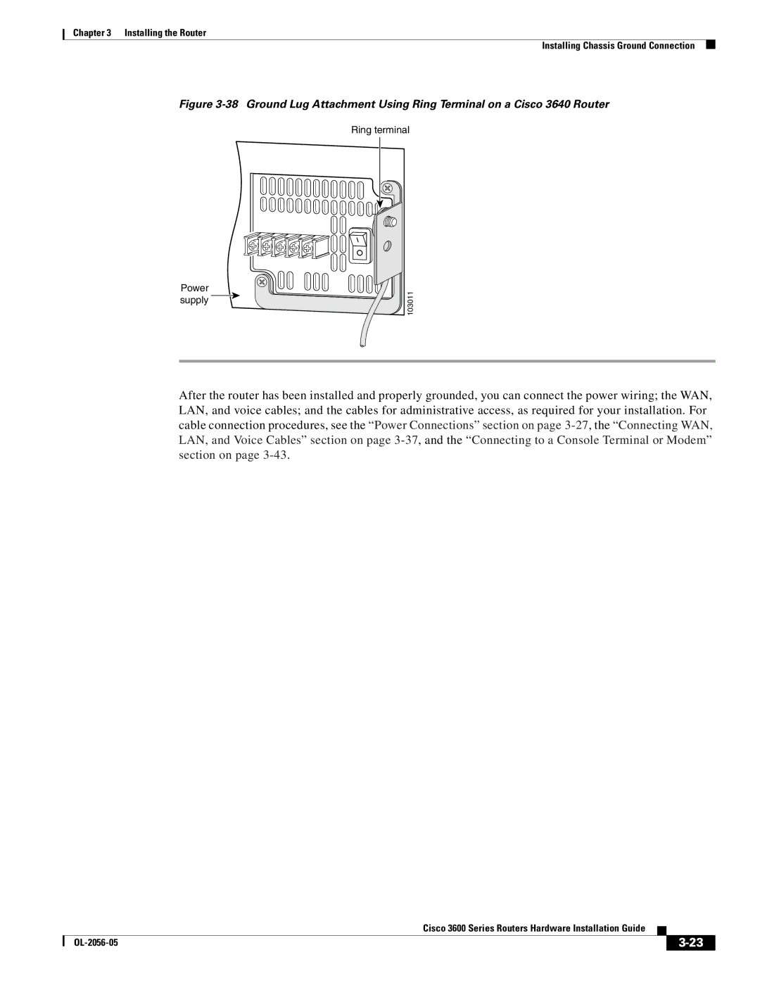 Cisco Systems Cisco 3600 manual Power supply Ring terminal 