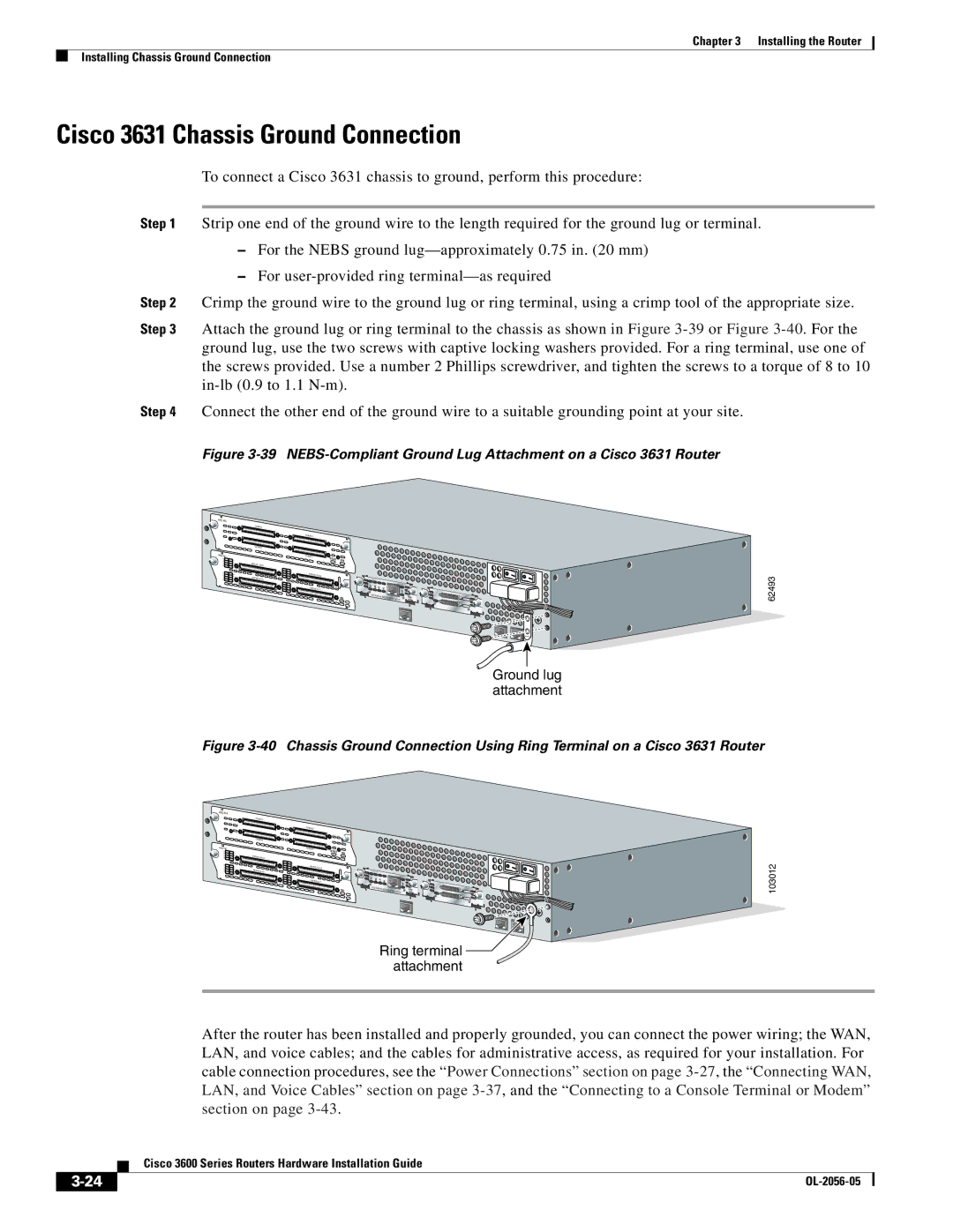 Cisco Systems Cisco 3600 manual Cisco 3631 Chassis Ground Connection, Ground lug attachment 