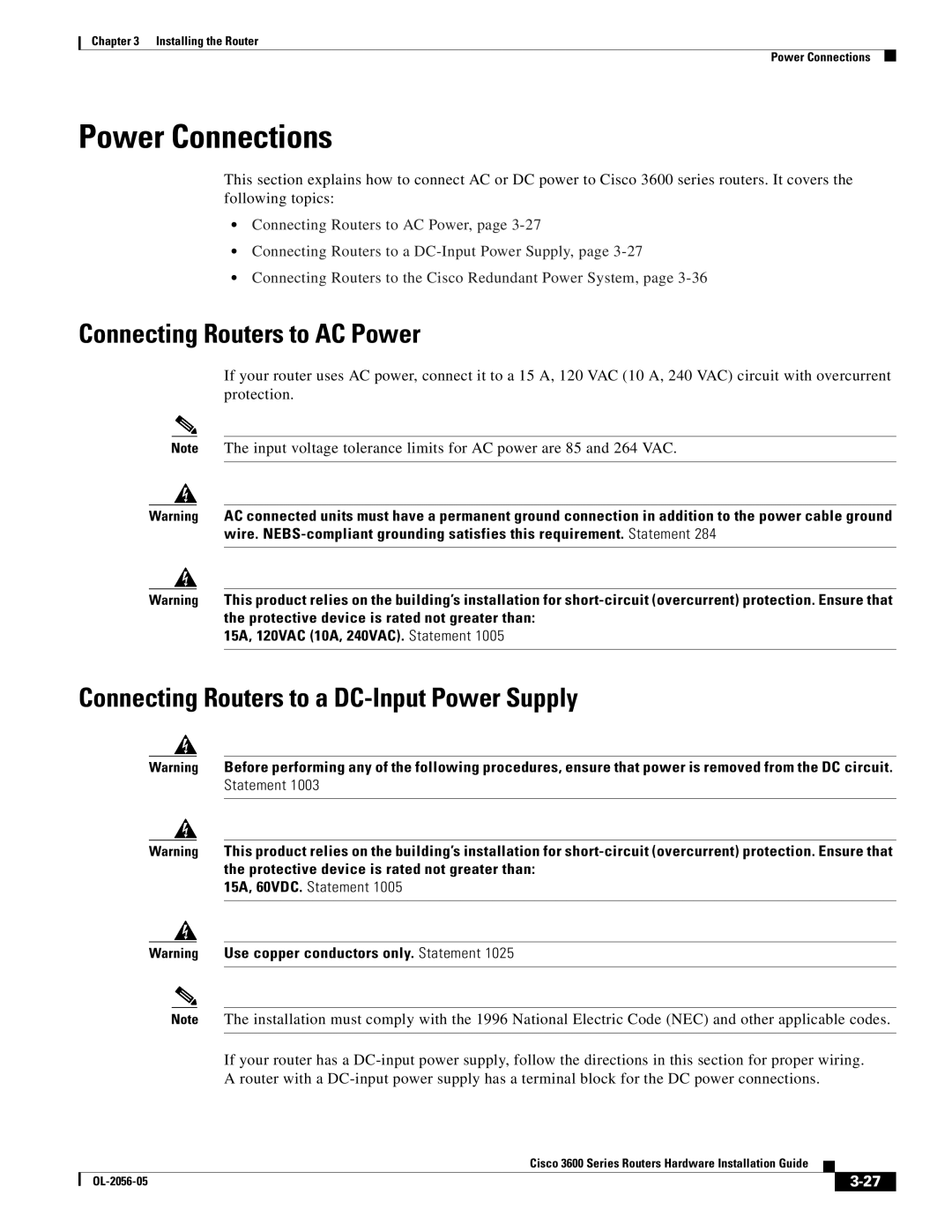 Cisco Systems Cisco 3600 Power Connections, Connecting Routers to AC Power, Connecting Routers to a DC-Input Power Supply 