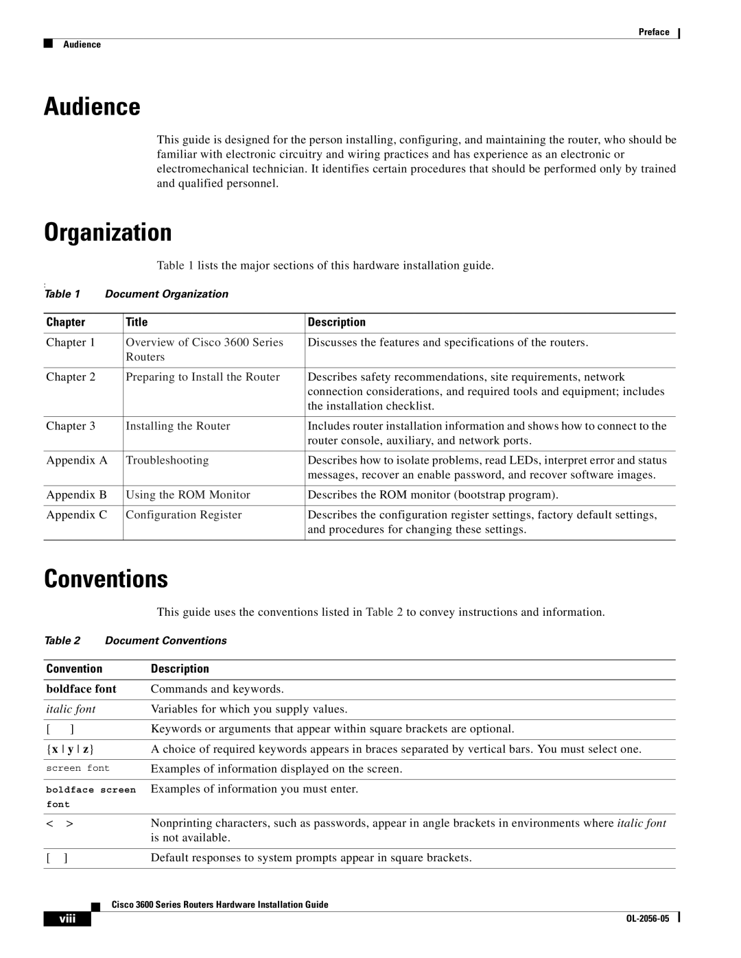 Cisco Systems Cisco 3600 manual Audience, Organization, Conventions, Chapter Title Description 