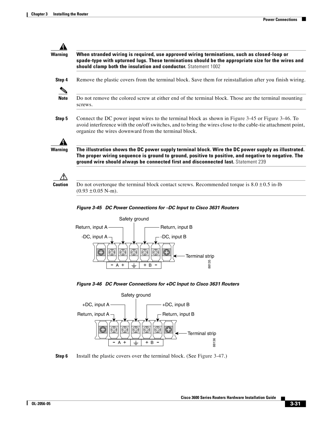 Cisco Systems Cisco 3600 manual DC Power Connections for -DC Input to Cisco 3631 Routers 