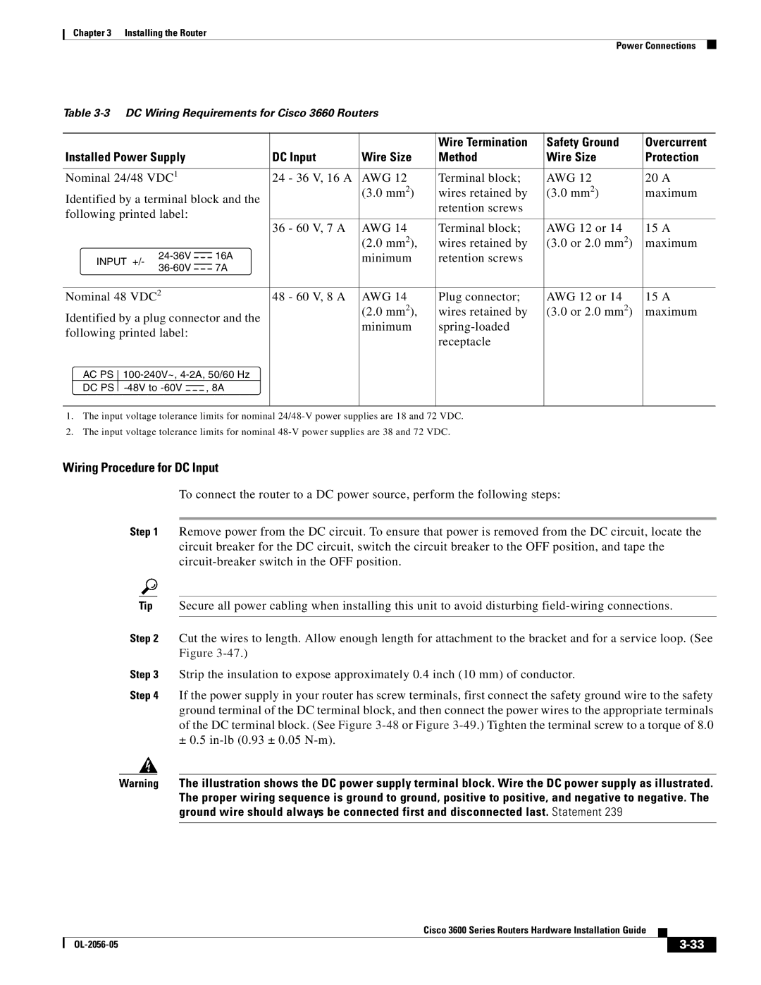 Cisco Systems Cisco 3600 manual Wire Termination Safety Ground Overcurrent, DC Input Wire Size Method Protection 