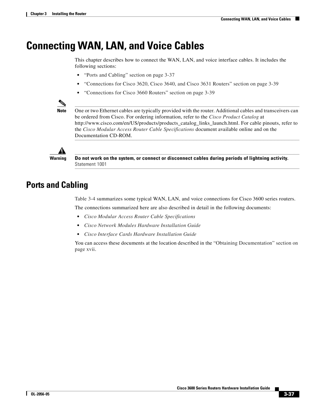 Cisco Systems Cisco 3600 manual Connecting WAN, LAN, and Voice Cables, Ports and Cabling 