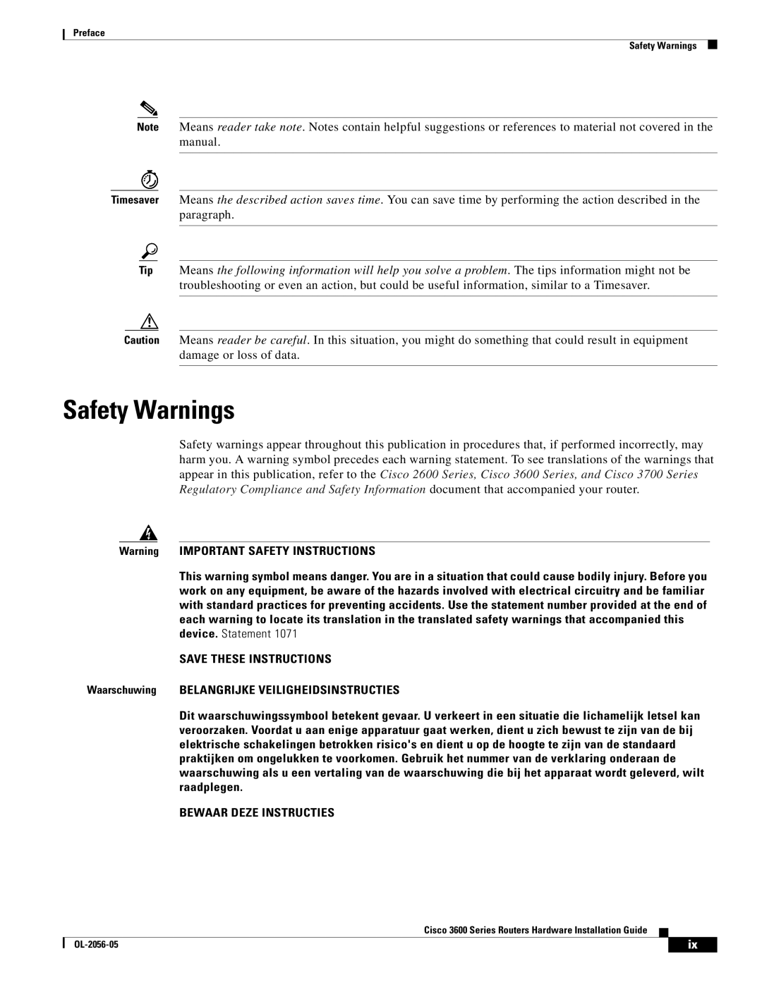 Cisco Systems Cisco 3600 manual Safety Warnings, Bewaar Deze Instructies 