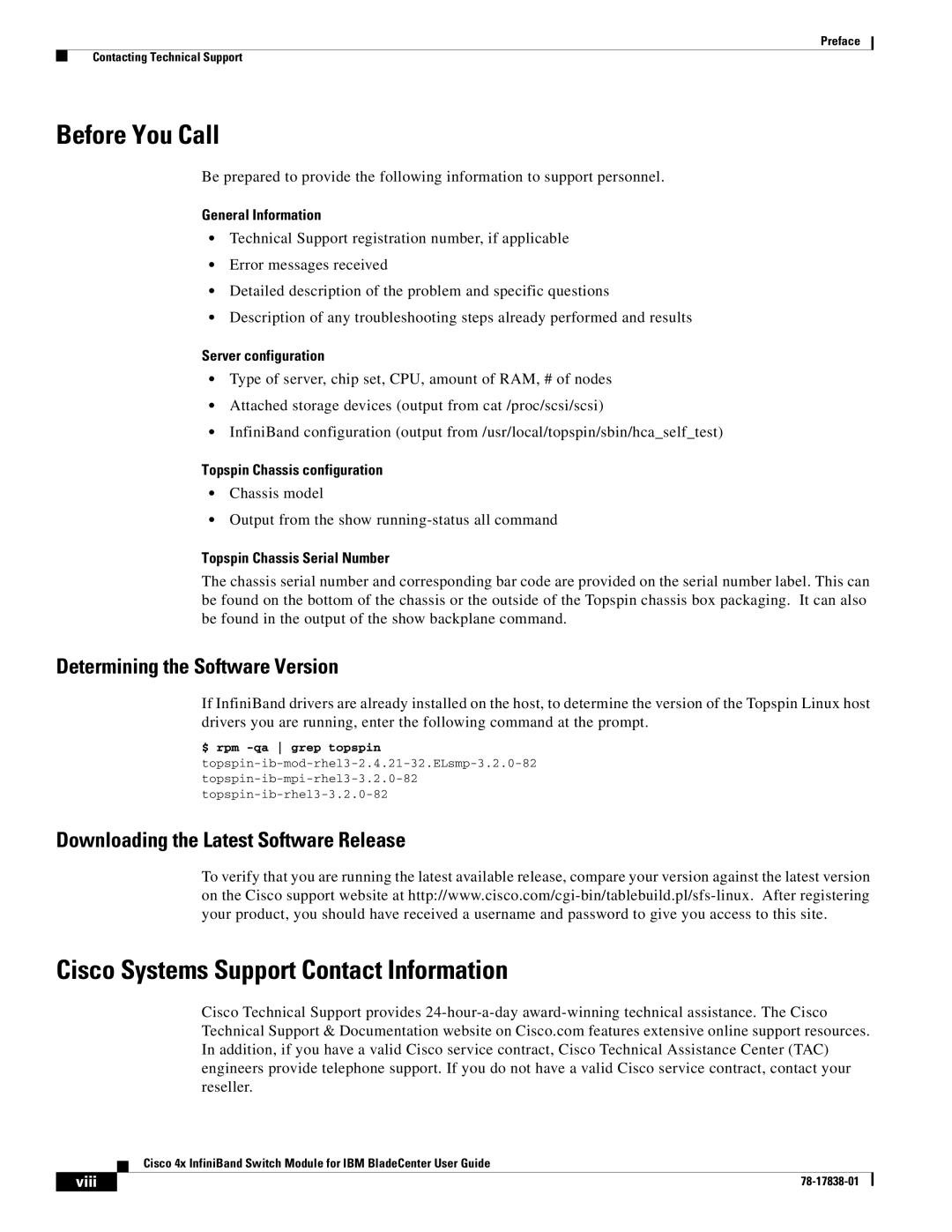 Cisco Systems Cisco 4x manual Before You Call, Cisco Systems Support Contact Information, Viii 