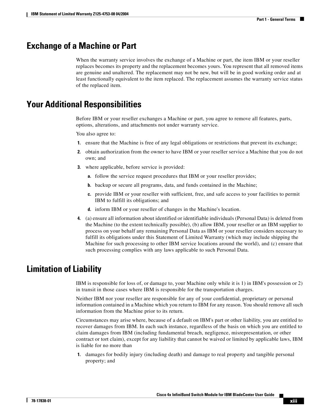 Cisco Systems Cisco 4x Exchange of a Machine or Part, Your Additional Responsibilities, Limitation of Liability, Xiii 