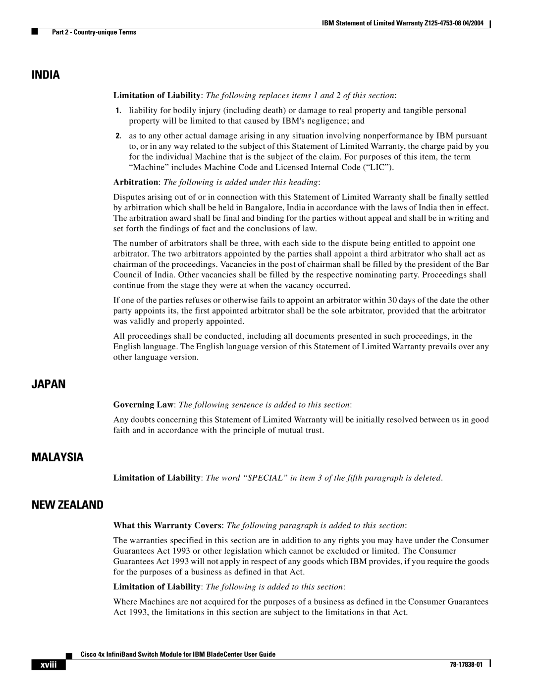 Cisco Systems Cisco 4x manual India, Japan, Malaysia, NEW Zealand, Xviii 